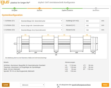 Configurateur de technique d'entraînement drylin® SHT